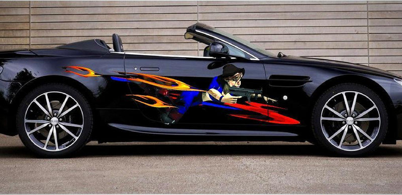 anime gun woman decal on black car